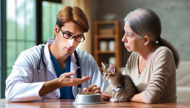 A caretaker discussing with a veterinarian, focusing on a kitten and its feeding bowl. This image highlights the importance of professional guidance in ensuring the proper nutrition and health of a kitten.