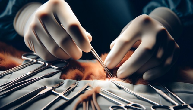 picture of a veterinarian about to practice a spay in a cat, a surgery which goal is to remove the ovaries and/or uterus