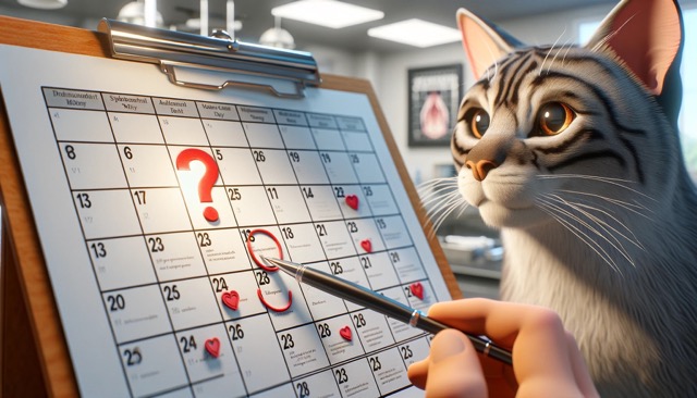 illustration of a calendar with a question mark and a cat next to it, symbolizing the question: when is the best time to spay a cat? 
