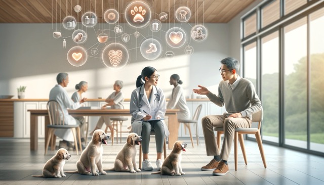 A female veterinarian and a male dog owner, engaged in a discussion about puppy care. They are surrounded by a variety of puppies, all appearing healthy and active. The clinic is modern, clean, and well-equipped, indicating a professional and caring environment. Subtle, artistic representations of protective elements in the puppy microbiome, depicted as harmonious, abstract shapes, are integrated into the scene.