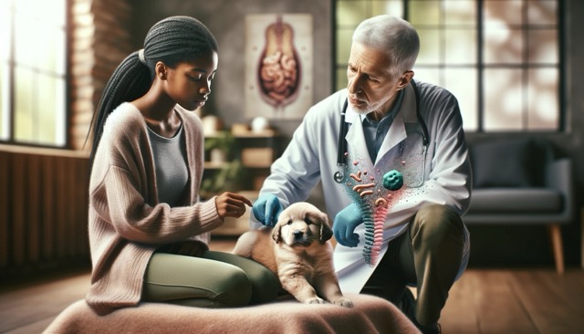 A concerned owner consulting with an experienced veterinarian in a home setting. The scene shows them discussing the health of a puppy, who appears to be slightly unwell, lying comfortably on a soft blanket. The veterinarian is gently examining the puppy, showing care and expertise. Subtle, artistic representations of imbalanced bacteria, depicted as abstract, less vibrant shapes, are integrated into the scene, symbolizing the signs of an imbalanced puppy gut health.
