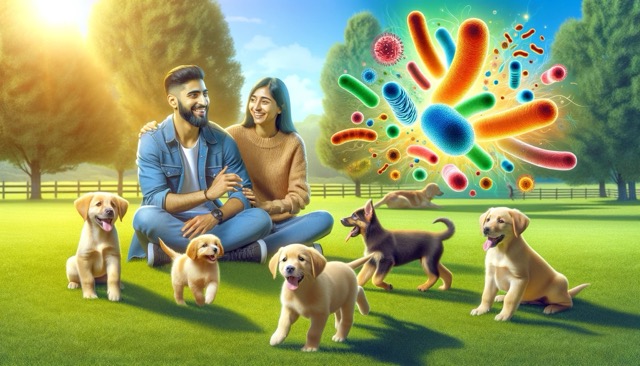 In the foreground, a man and a woman are playing with several healthy, energetic puppies of different breeds. Artistically represented beneficial bacteria, shown as bright, lively abstract shapes, are subtly included in the scene. These elements symbolize a healthy puppy microbiome.
