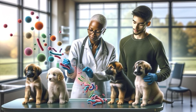 A group of young puppies of various breeds are being examined by female veterinarian and a young male veterinary assistant, both displaying a caring and gentle demeanor. They are attentively checking the health of the puppies in a clean, modern clinic setting. The environment is friendly and welcoming, with soft lighting and calming colors. Artistically represented beneficial bacteria, shown as colorful, abstract shapes, are subtly integrated into the scene, symbolizing the developing microbiome of the puppies. 