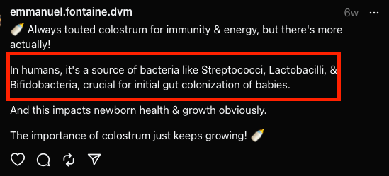 A post on Threads from Dr Emmanuel Fontaine on the role of colostrum as a microbiome booster in newborn puppies.