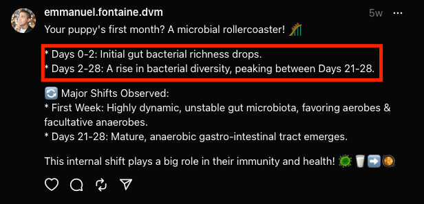 A post on Threads from Dr Emmanuel Fontaine about the development of the microbiome in newborn puppies.