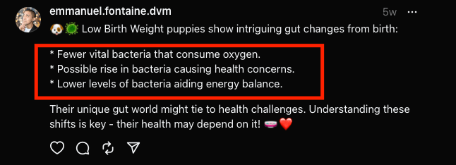 A post on Threads by Dr Emmanuel Fontaine on how the microbiome of low birth weight puppies is different