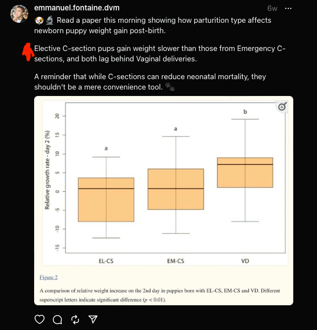 A post from Dr Emmanuel Fontaine on Threads about the impact of the type of birth can affect newborn puppy development.