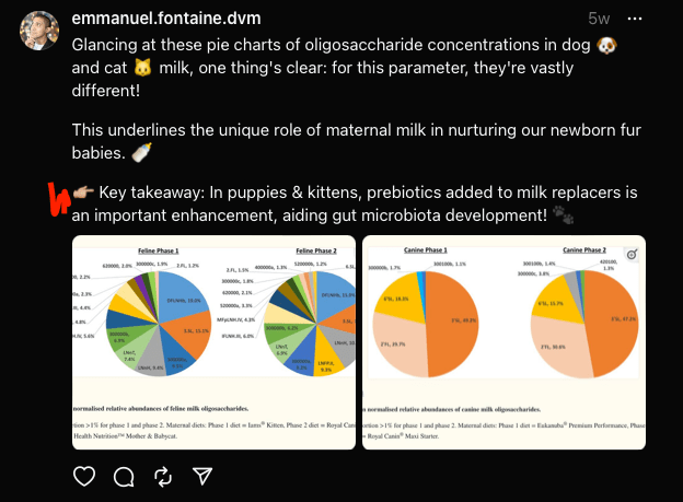 A post on Threads by Dr Emmanuel Fontaine on the importance of prebiotic supplementation in milks replacers used in kittens.