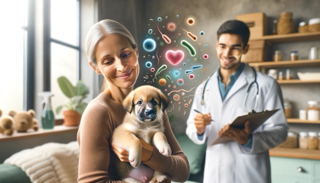 A newborn puppy being gently held by a caring owner in a warm, comfortable home environment. In the background, a friendly veterinarian is observing the scene with a clipboard in hand, ensuring the puppy's health.  Subtle, artistic representations of beneficial bacteria float around the scene, symbolizing the importance of the puppy's microbiome. 