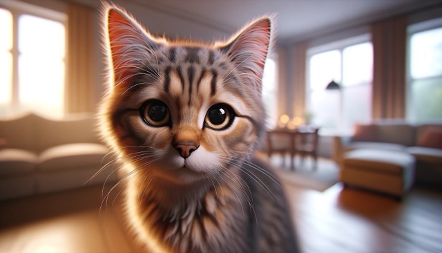 A kitten looking slightly distressed, with a focus on its face and eyes that express urgency.