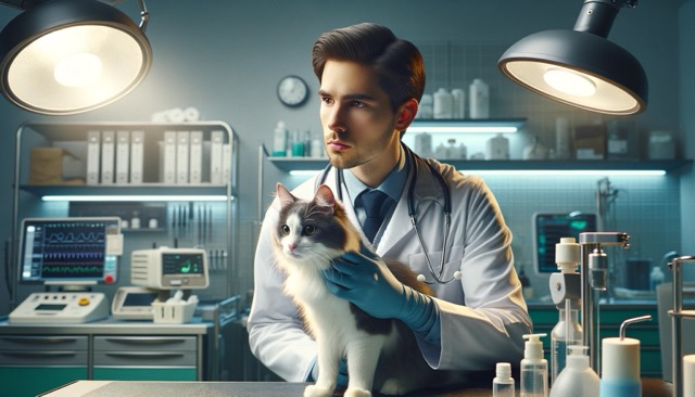 A concerned veterinarian examining a cat, symbolizing the diagnostic aspect of Feline Panleukopenia. The setting is a well-equipped veterinary clinic with various medical equipment in the background