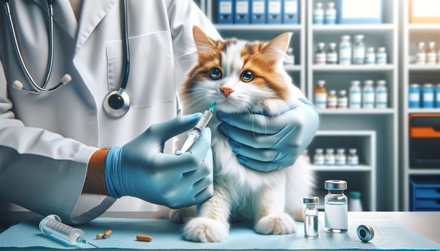 A cat receiving a vaccine, symbolizing prevention strategies against Feline Panleukopenia. The setting is a bright and clean veterinary clinic. The veterinarian is gently holding the cat, ready to administer the vaccine.