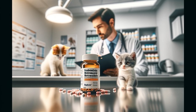 A focus on a bottle of Fenbendazole and Metronidazole, the medications used for treating Giardia in cats. A veterinarian is in the background, consulting with a pet owner and their kitten, which subtly emphasizes the decision-making process in treatment.