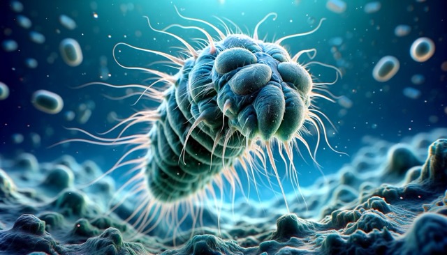 Aclose-up of a microscopic view of the Giardia parasite in an aquatic environment, resembling what one might see through a high-powered microscope.