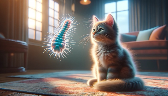 A serene and cozy indoor setting with a small kitten gazing curiously at a floating, semi-transparent depiction of the Giardia parasite, symbolizing the unseen threat of the disease.