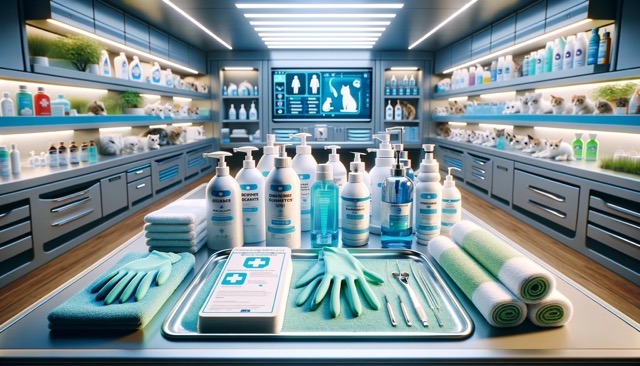 A clean, well-organized indoor space designed for kitten care, focusing on various sanitary tools like disinfectants, gloves, and a guide on hygiene practices to prevent Giardia infection.