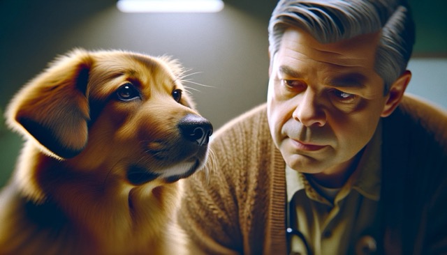 A pet owner observing their dog, which shows signs of discomfort suggesting morning sickness. The dog appears slightly nauseous or uneasy, and the owner looks caring yet worried. 