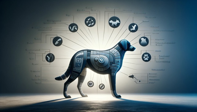 A silhouette of a pregnant dog with arrows or symbols indicating different factors that contribute to morning sickness, like hormonal changes, stress, or dietary factors. 