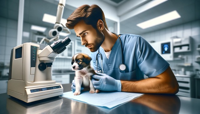 A concerned veterinarian examining a young puppy in a clinic setting. 