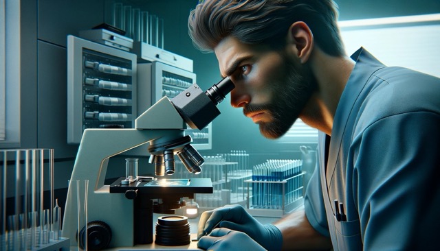 A solemn veterinarian in a laboratory, examining a microscope slide. 