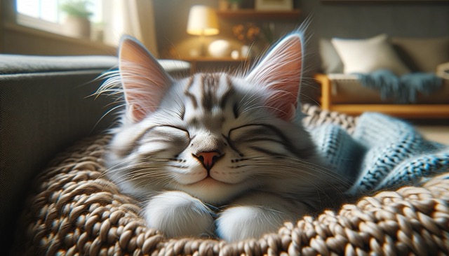 A content and relaxed kitten lying down, with a soft focus on its peaceful face and closed eyes, suggesting a sense of well-being and care.