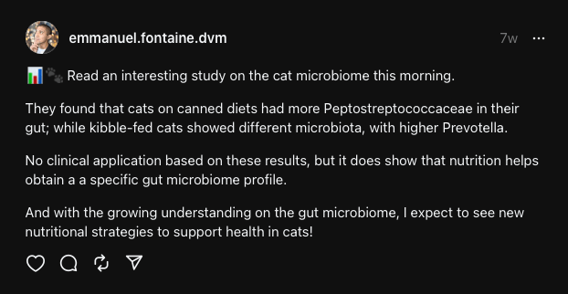 A post on Threads from Dr Emmanuel Fontaine on how different types of diets can stimulate differently the gut microbiome of cats.