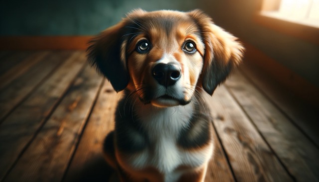 A puppy in a thoughtful or concerned pose, with its head slightly tilted.