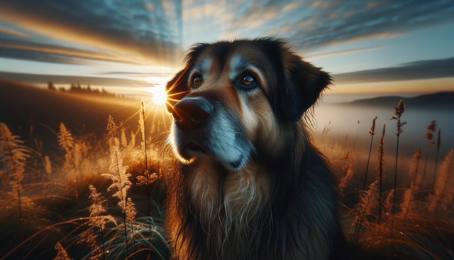 A dog in the early morning, appearing slightly uneasy or lethargic. The background features a sunrise
