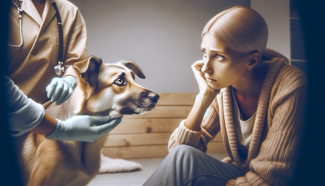 A concerned pet owner observing their dog displaying signs of discomfort, suggestive of morning sickness. The dog should appear uneasy or nauseous, with the owner showing a caring yet worried expression.