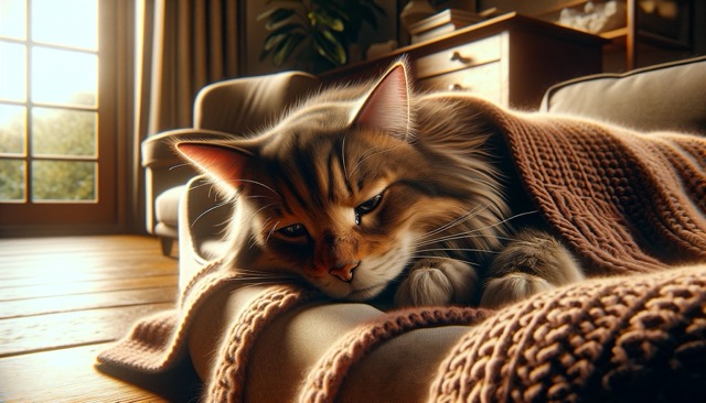A cat exhibiting symptoms of Feline Panleukopenia, in a home environment. The cat appears lethargic and weak, lying on a comfortable pet bed.