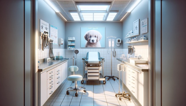 A veterinarian's examination room, with a focus on medical equipment and a puppy health chart on the wall.