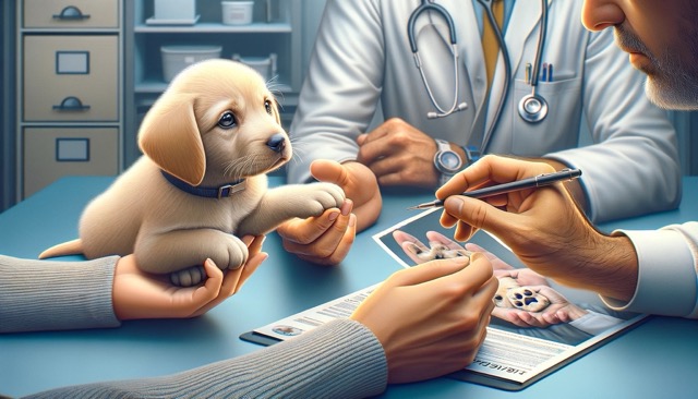 A representation of a worried puppy owner consulting a veterinarian, depicted as two hands: one of a pet owner and the other of a vet. The pet owner's hand can be holding a photo or a list of symptoms, and the vet's hand can be pointing or holding a stethoscope.