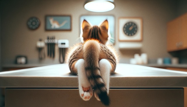 A cozy, yet professional vet's office, with a focus on a detailed close-up of a kitten's hindquarters, highlighting the tail and back legs, against a soft, neutral-colored background.