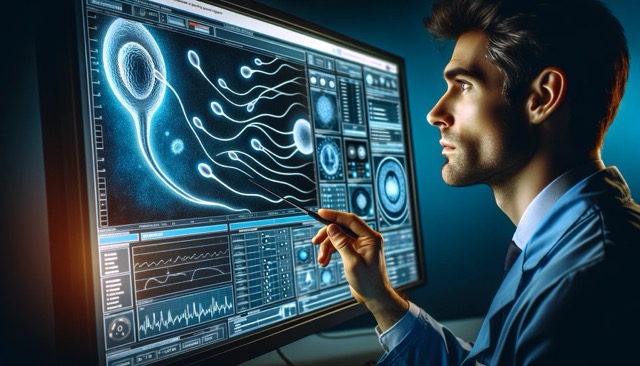 A veterinarian consulting a large, detailed computer screen displaying a spermogram result for a male dog. The screen shows various metrics and graphs, illustrating the sperm's health and vitality. 