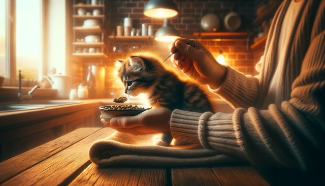 A cozy home environment, where a young kitten is being fed a special diet from a small, delicate bowl by the gentle hands of its owner. 