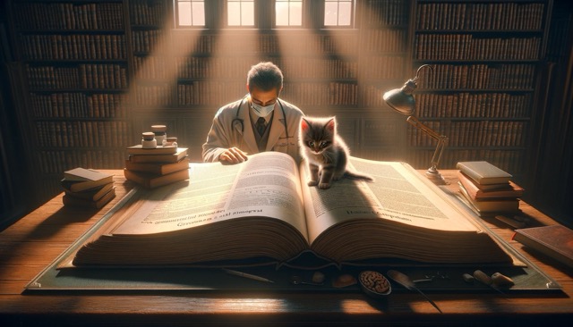 A veterinarian is reading a large, open book on feline health, with a focus on gastrointestinal issues. A curious kitten is perched next to the book, playfully pawing at the pages, symbolizing a quest for knowledge and understanding. 