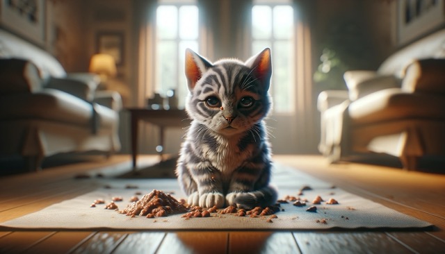 A kitten in a home environment, looking lethargic and unwell, symbolizing the issue of bloody diarrhea. 