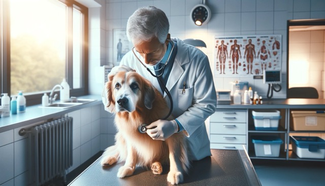 A veterinary clinic where a dog, after treatment for Lyme disease, is being checked by a veterinarian for follow-up care. The veterinarian is using a stethoscope to listen to the dog's heart, while the dog sits calmly on the examination table. 