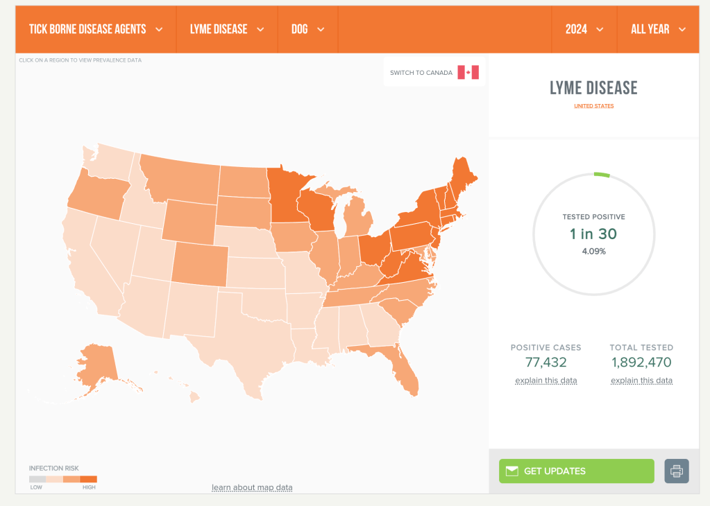 Prevalence of Lyme disease in dogs in the USA on the Companion Animal Parasite Council website