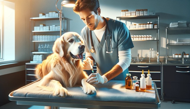 A calm and focused veterinarian administers an antibiotic injection to a cooperative golden retriever lying on a treatment table. The setting is a clean, well-equipped veterinary clinic, with medicine vials and medical equipment in the background.