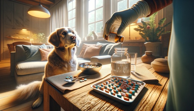 A dog undergoing antibiotic treatment for Lyme disease, represented by the dog calmly sitting next to a table with oral medication and a water bowl.