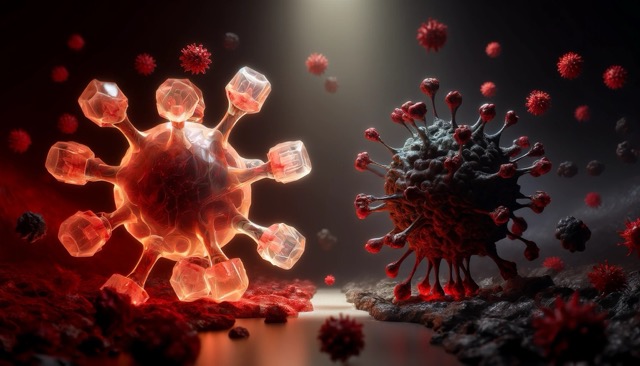 A scientific representation of antibodies, depicted as glowing geometric shapes, defending against dark, amorphous virus particles, symbolizing their role in puppy immunity.