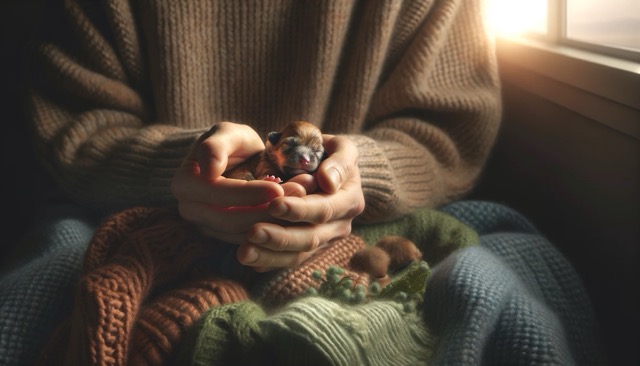 A cozy, well-lit home environment where a person gently holds a tiny premature puppy, providing warmth and comfort. 