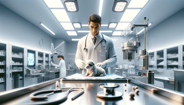 A modern veterinary clinic, featuring advanced equipment and a veterinarian in a lab coat examining a premature puppy on an examination table.