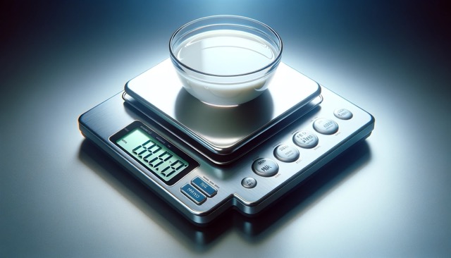 A clear digital scale with a small bowl containing milk on it.