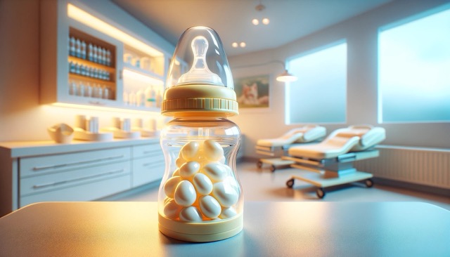 A bottle and nipple set designed for kitten feeding. The setting is a clean, well-lit veterinarian's office with a white counter. 