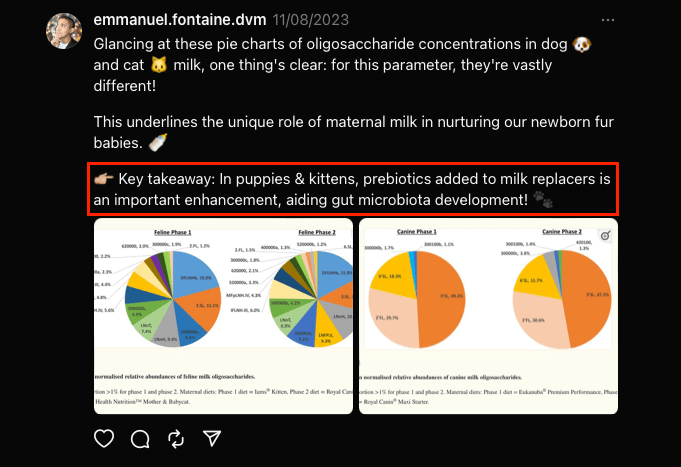 A post on Threads from Dr EMMANUEL FONTAINE about the benefits of milk replacers supplemented with prebiotics in newborn puppies and kittens