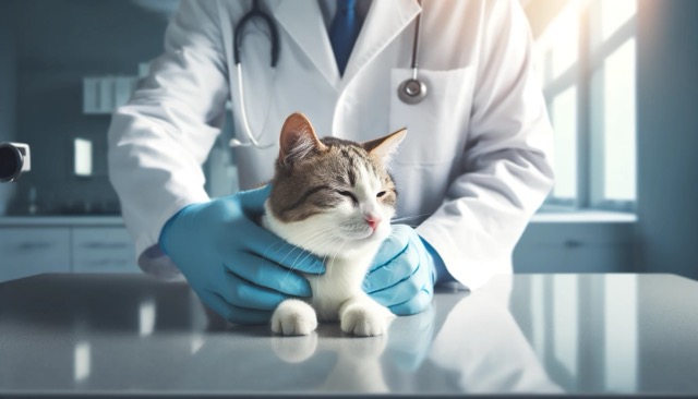A lactating cat being gently examined by a veterinarian in a clean and well-lit clinic. The vet is checking the cat's health, while the cat looks calm and relaxed. 