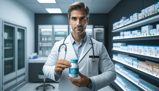 An expert vet holding a small bottle of commercial kitten milk replacer, standing next to a shelf filled with various brands. 