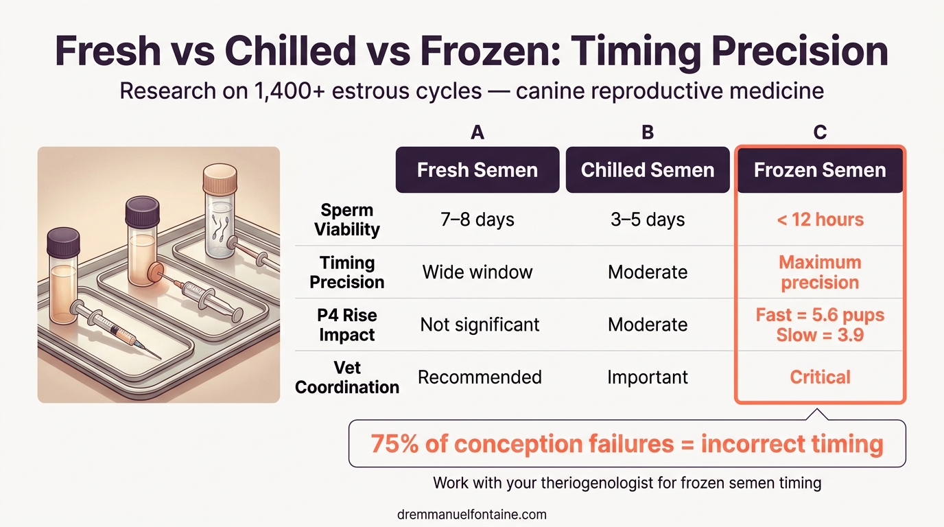 Semen type comparison for canine breeding timing - fresh vs chilled vs frozen